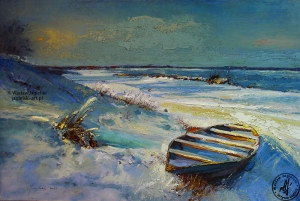 "Styczniowy poranek nad modrym Dunajcem" 90 cm x 140 cm olej 2025